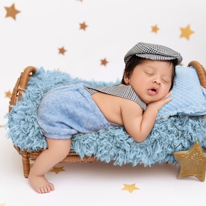 Boy newborn sage blue beige pants with suspenders and hat baby boy prop photo shoot newborn photography prop ready to ship!