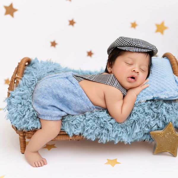 Boy newborn sage blue beige pants with suspenders and hat baby boy prop photo shoot newborn photography prop ready to ship!