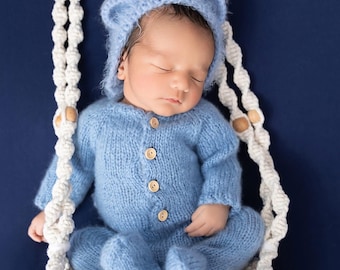 Knitted Newborn Footed Romper, Bear Bonnet, Photo Prop Outfit