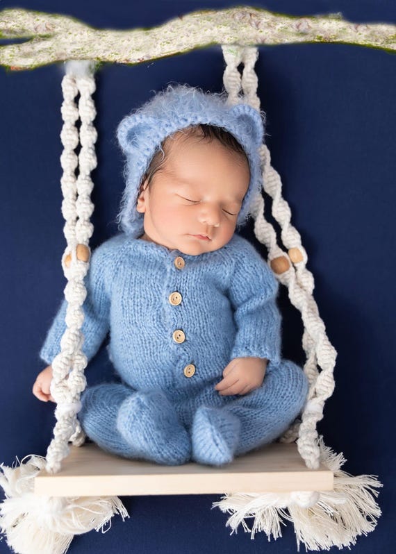 Knitted Newborn Footed Romper, Bear Bonnet, Photo Prop Outfit