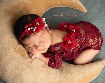 Newborn girl Christmas outfit, lace romper set, newborn girl photo outfit baby girl long sleeve newborn photography prop