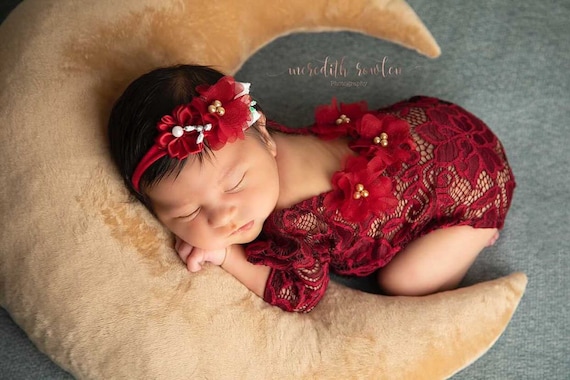 Newborn photo prop girl, lace romper, newborn girl red photo outfit baby girl open back long sleeve romper props Christmas photography prop