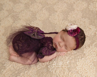 Newborn Girl photo outfit, fancy romper dress and matching headband set, baby girl Photo Props, Baby portrait, newborn photography RTS