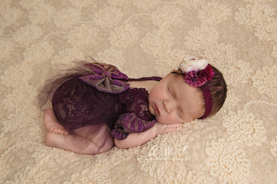 Newborn Girl photo outfit, fancy romper dress and matching headband set, baby girl Photo Props, Baby portrait, newborn photography RTS