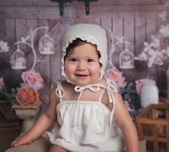 Muslin Cotton sitter romper and bonnet outfit girl 6-9 months photo props baby girl beige pink white bonnet baby girl props RTS