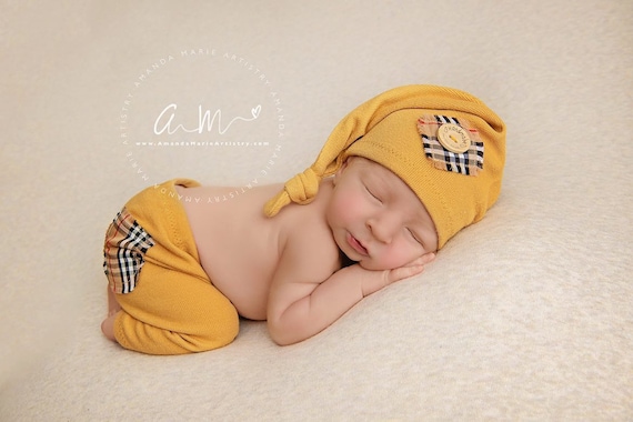 Newborn Boy Fall colors Photo Outfit, Pants and knot Hat, Two-piece set