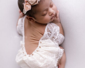 Newborn girl photo outfit lace romper set, newborn girl cream photo outfit baby girl low back long sleeve  romper props newborn photography