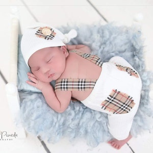 Newborn boy photo outfit newborn photography pants set with suspenders and hat, infant photo shoot, newborn props two piece ready to ship! White