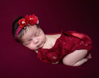 Newborn girl photo outfit in cream or pink lace romper and headband. Newborn photography