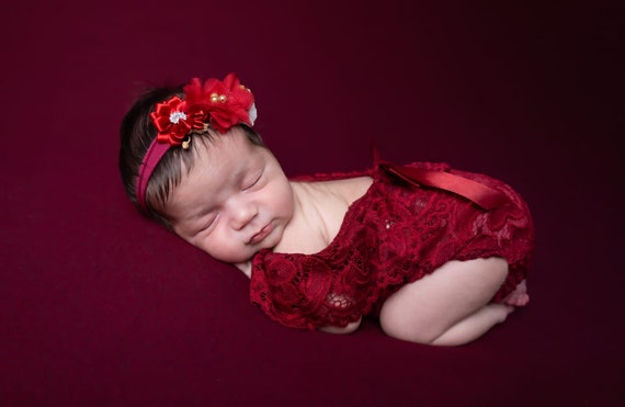 Newborn girl photo outfit in cream or pink lace romper and headband. Newborn photography