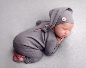 Photo outfit baby boy, newborn photo shoot, Romper and hat, photo props, photography props, knot hat, gray blue green navy, baby portraits