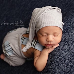 Newborn boy photo outfit newborn photography pants set with suspenders and hat, infant photo shoot, newborn props two piece ready to ship! Gray