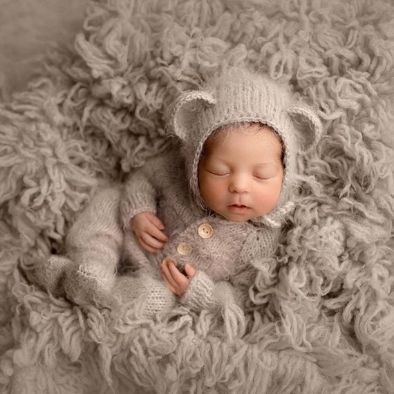 Knitted footed sleeper & bear bonnet, pajama set, photography props, newborn photo outfit, newborn props, knit baby pajamas, teddy bear