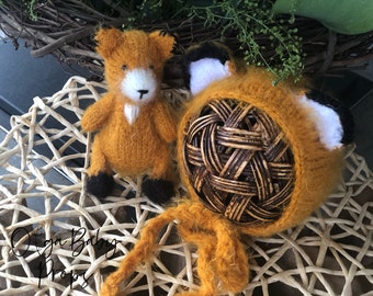 Fox bonnet and plush Toy newborn boy girl props, Mini knit fox toy hat newborn Photo props Stuffed animals Soft animal