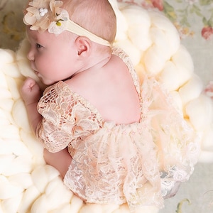 Newborn girl photo outfit lace romper set, newborn girl cream photo outfit baby girl low back long sleeve  romper props newborn photography