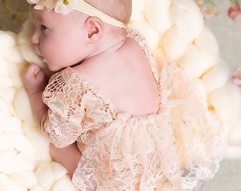 Newborn girl photo outfit lace romper set, newborn girl cream photo outfit baby girl low back long sleeve  romper props newborn photography
