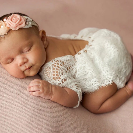 Newborn girl photo outfit lace romper set, newborn girl cream photo outfit baby girl low back long sleeve  romper props newborn photography