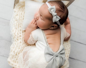Newborn girl photo outfit in white, no see through romper and headband. Newborn photography, girl photo session