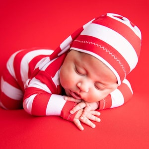 Newborn footed romper, Christmas minis, photo props, baby footed pajama, red and white romper and hat newborn Christmas outfit photo shoot