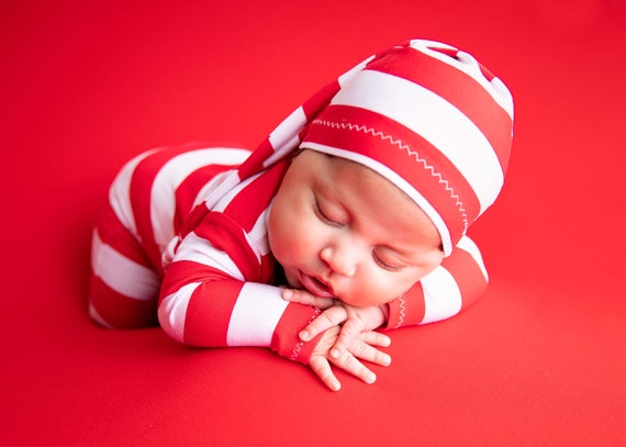 Newborn footed romper, Christmas minis, photo props, baby footed pajama, red and white romper and hat newborn Christmas outfit photo shoot