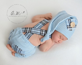 Newborn boy photo outfit newborn photography set pants with suspenders and hat, photo shoot outfit, newborn photography props ready to ship!
