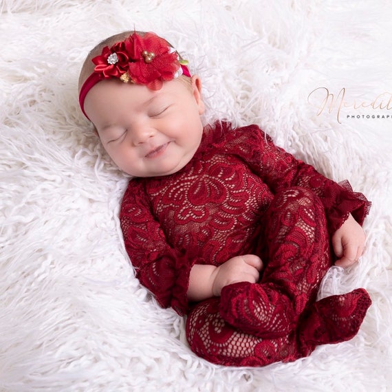Newborn girl photo outfit lace footed romper photo props romper set, newborn lace pajama baby girl open back long sleeve neutral props