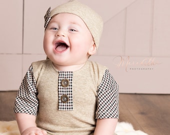 Baby boy photo outfit, 9-12 mo photo shoot, infant boy, romper and hat photo props, beige baby boy photography
