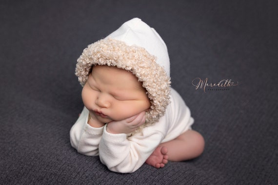 Newborn boy photo outfit newborn props boy light teal fur hoodie with ears sleeveless bodysuit photo props baby boy hoodie RTS
