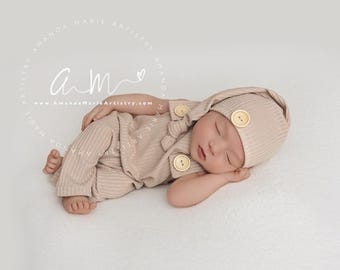 Fotorekwisieten pasgeboren jongen, babyjongen hemelsblauw, wit, beige, bruin 2-delige set van romper en muts babyrekwisieten foto-outfit babyjongen