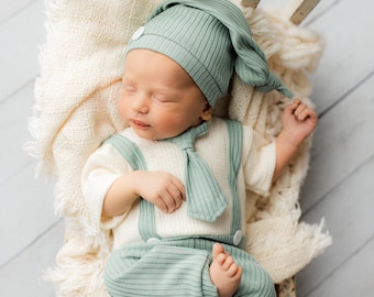 Newborn boy outfit 3 piece baby boy overall with suspenders, necktie and hat baby boy photo outfit newborn photography prop ready to ship!