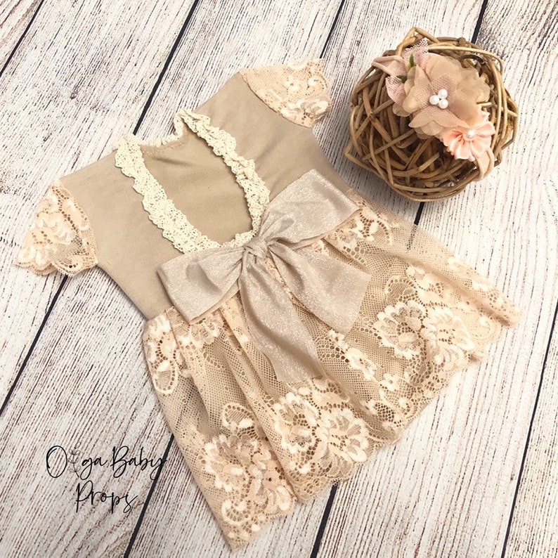 Newborn photo photo outfit, baby girl romper dress , newborn girl props, nude white photo outfit baby girl open back newborn photography image 5