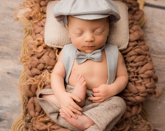 Boy newborn blue pants with suspenders and hat baby boy prop photo shoot newborn photography prop ready to ship!