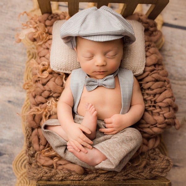 Boy newborn blue pants with suspenders and hat baby boy prop photo shoot newborn photography prop ready to ship!