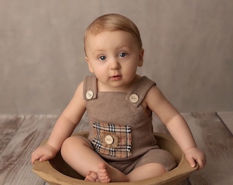 Sitter boy photo outfit sitter neutral props baby boy romper 6-12 months sitter photo shoot brown gray props sitter photography prop. RTS