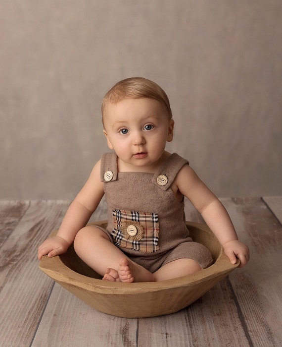 Sitter boy photo outfit sitter neutral props baby boy romper 6-12 months sitter photo shoot brown gray props sitter photography prop. RTS