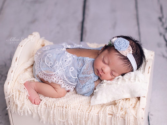 Newborn girl photo outfit icy blue lace romper photo props romper set, girl newborn photography props baby girl open back winter props