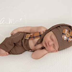 Newborn boy photo outfit newborn photography pants set with suspenders and hat, infant photo shoot, newborn props two piece ready to ship! Brown