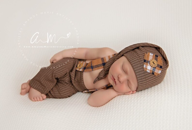 Newborn boy photo outfit newborn photography pants set with suspenders and hat, infant photo shoot, newborn props two piece ready to ship! Brown