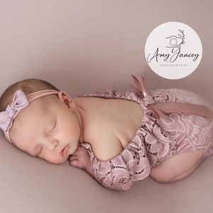 Newborn girl photo outfit in dusty rose, cream or beige lace romper and headband. Newborn photography