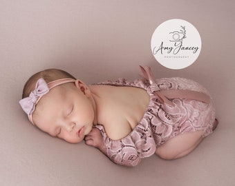 Newborn girl photo outfit in dusty rose, cream or beige lace romper and headband. Newborn photography