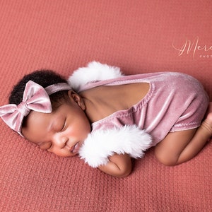 Newborn silk velvet photo outfit, baby girl romper set, bow tie, newborn girl photo shoot, baby girl open back romper newborn photography
