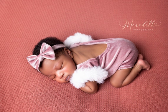 Newborn silk velvet photo outfit, baby girl romper set, bow tie, newborn girl photo shoot, baby girl open back romper newborn photography