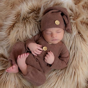 Newborn boy photo outfit, Romper Baby boy photo overall, Romper and hat photo props, baby boy photography props, knot hat gray blue green Brown