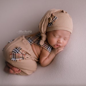 Newborn boy photo outfit newborn photography pants set with suspenders and hat, infant photo shoot, newborn props two piece ready to ship! Beige