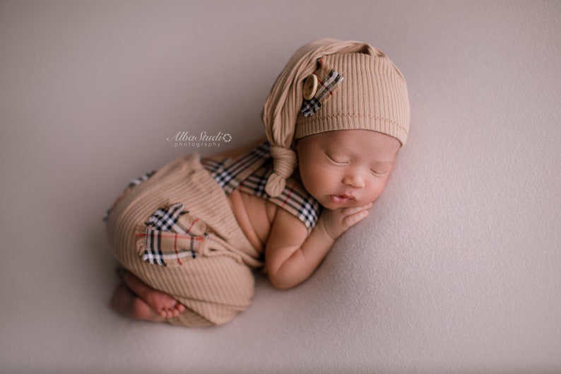 Newborn boy photo outfit newborn photography pants set with suspenders and hat, infant photo shoot, newborn props two piece ready to ship! Beige