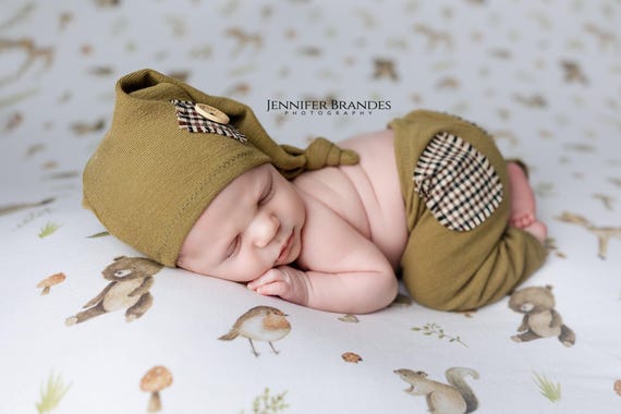 Newborn boy photo props,baby boy photo outfit, photo shoot boy, pants and sleeping hat olive green