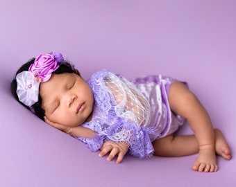 Newborn silk velvet photo outfit, baby girl brown lilas romper set, newborn girl photo shoot, baby girl open back romper newborn photography