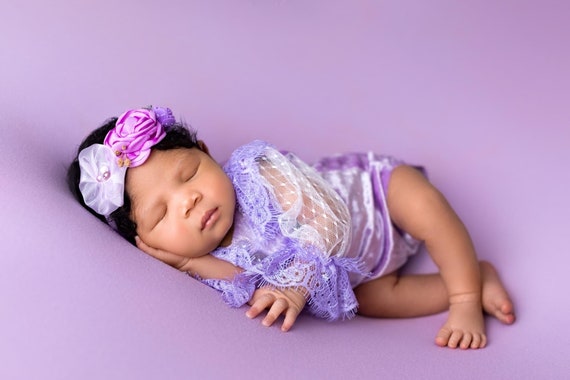 Newborn silk velvet photo outfit, baby girl brown lilas romper set, newborn girl photo shoot, baby girl open back romper newborn photography
