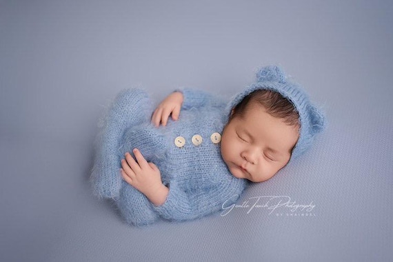 Footed knitted pajama set, Sleeper photo Outfit footed overall romper Newborn bonnet, Photo Props, mohair bear pajamas, footed romper,