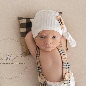 Newborn boy photo outfit newborn photography pants set with suspenders and hat, infant photo shoot, newborn props two piece ready to ship! image 7